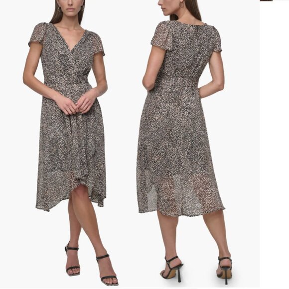 Flutter Sleeve Wrap Style Dress DKNY chiffone brown animal print sz 12-14 NEW - Picture 1 of 5